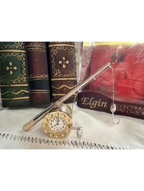 VTG Elgin Mini Desk Clock Fishing Rod New Outdoors Fisherman Rustic Cabin Works